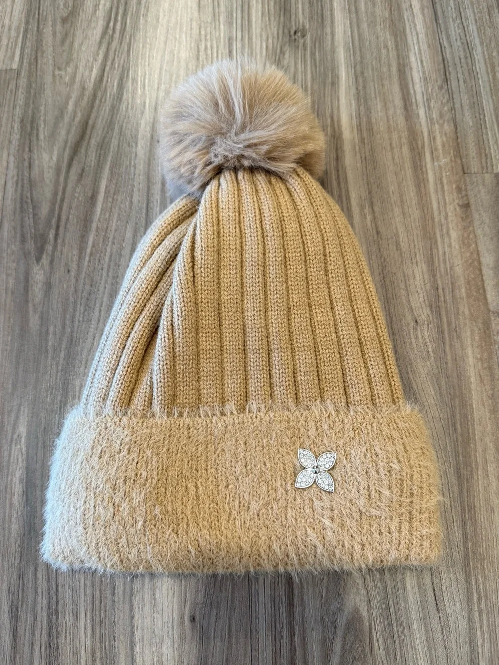Women’s Plush Ribbed Pom Beanie Hat with Crystal Flower - Tan